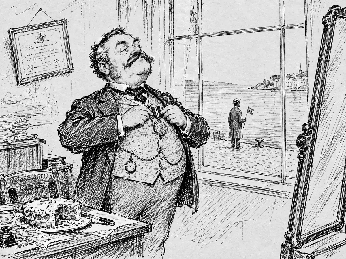 Desenho: o Editor-chefe prende uma grande medalha de ouro no próprio colete diante de um espelho na sala, com um diploma na parede e um bolo pela metade na mesa. Pela janela, vê-se um homem pequeno com uma bandeira esperando sozinho no cais.