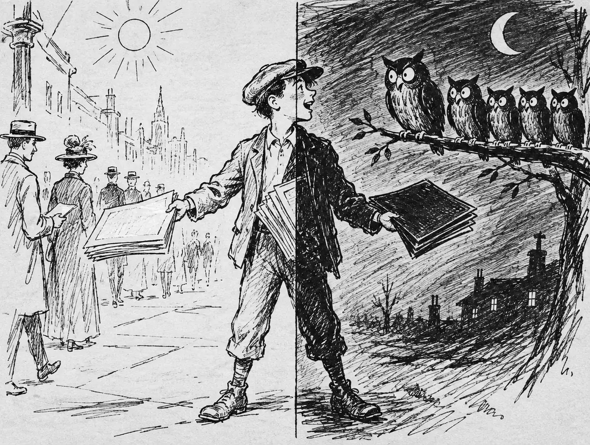 Et avisbud på et gatehjørne, halvt i morgensol med lyse aviser, halvt i natt med svarte aviser til ugler