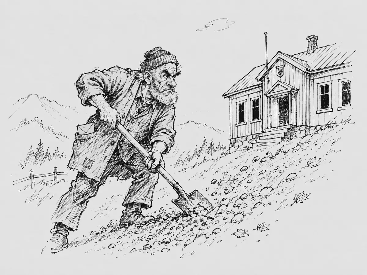 En gråskjegget vaktmester i strikkelue og lappet arbeidsfrakk måker en bar grusbakke opp til et lite trehus i heia. Det ligger ikke snø noe sted, og en konvolutt stikker opp av lomma hans.
