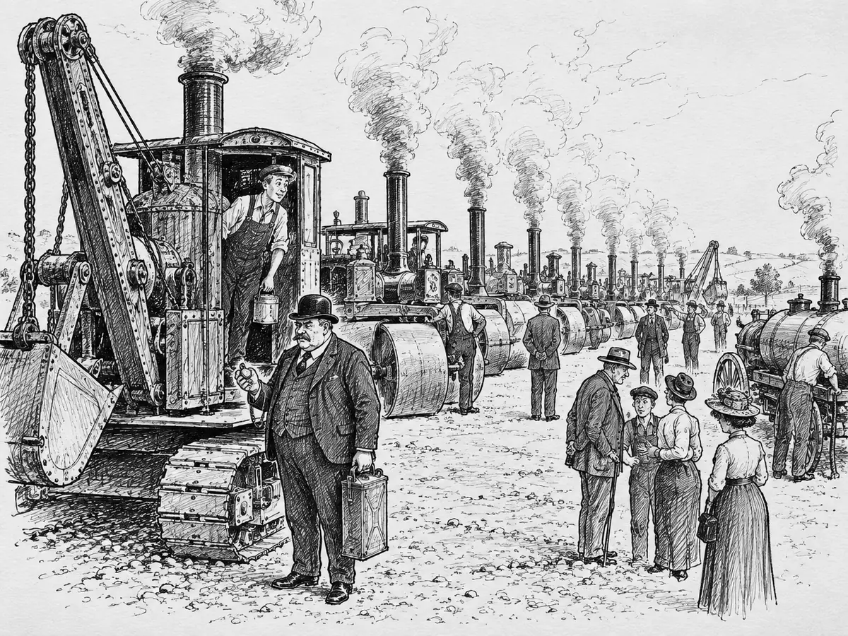 Desenho de um terreno de cascalho cheio de antigas escavadeiras e rolos compressores a vapor enfileirados, soltando fumaça. Um homem robusto de chapéu-coco segura um cronômetro e um galão diante da primeira máquina, enquanto um jovem operador se debruça para fora da cabine com uma marmita.