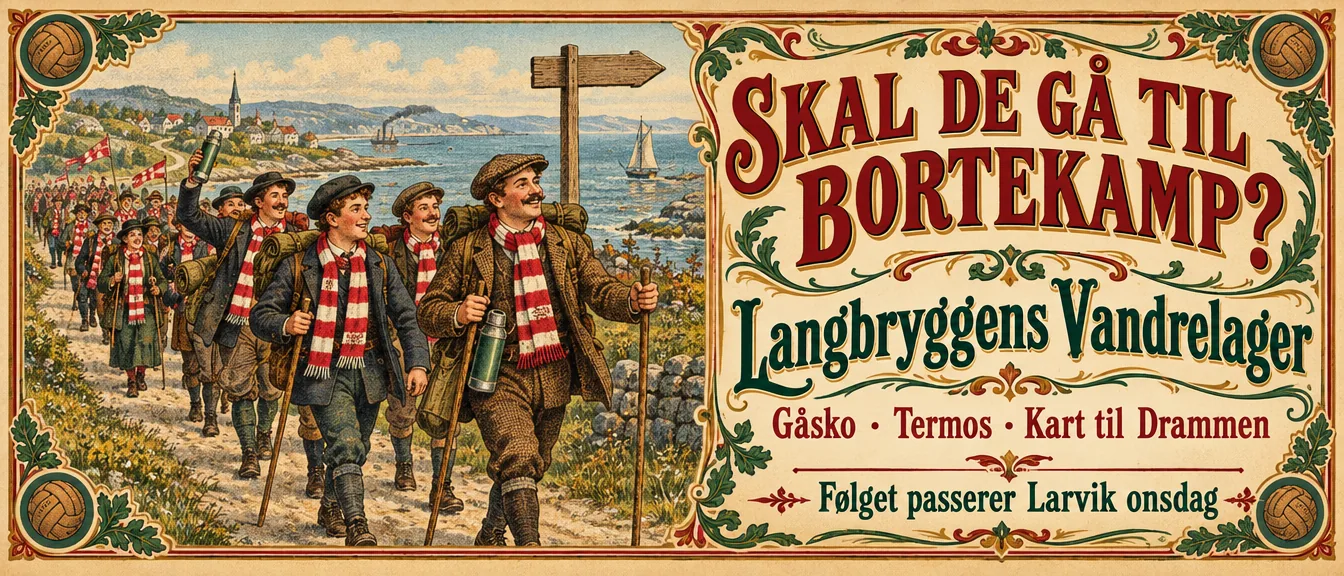Bannerannonse: Skal De gå til bortekamp? Langbryggens Vandrelager. Gåsko, termos, kart til Drammen. Følget passerer Larvik onsdag. Tegning av supportere i skjerf som går langs kysten.