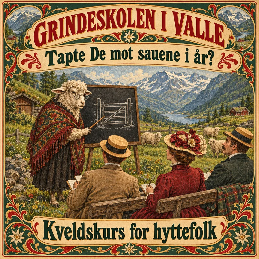 Annonse: Grindeskolen i Valle. Tapte De mot sauene i år? Kveldskurs for hyttefolk. Tegning av en sau i sjal som underviser hyttefolk ved en tavle.