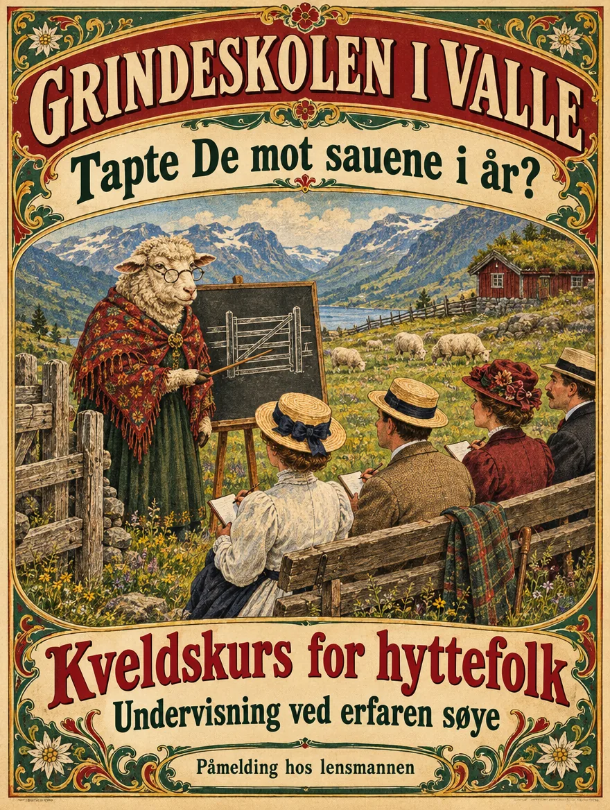 Fargerik plakat: Grindeskolen i Valle. Tapte De mot sauene i år? En sau i sjal underviser hyttefolk ved en tavle. Kveldskurs for hyttefolk, undervisning ved erfaren søye. Påmelding hos lensmannen.