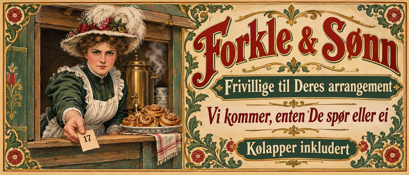 Bannerannonse: Forkle & Sønn. Frivillige til Deres arrangement. Vi kommer, enten De spør eller ei. Kølapper inkludert. Tegning av en bestemt kvinne i forkle som rekker fram en kølapp fra en kioskluke, med kaffekjele og kanelboller.