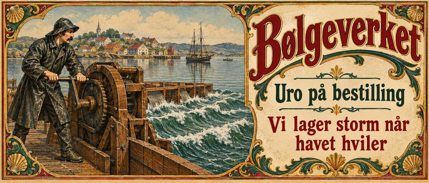 Bannerannonse: Bølgeverket. Uro på bestilling. Vi lager storm når havet hviler. Tegning av en mann i oljehyre som sveiver på en stor bølgemaskin i en blikkstille havn.