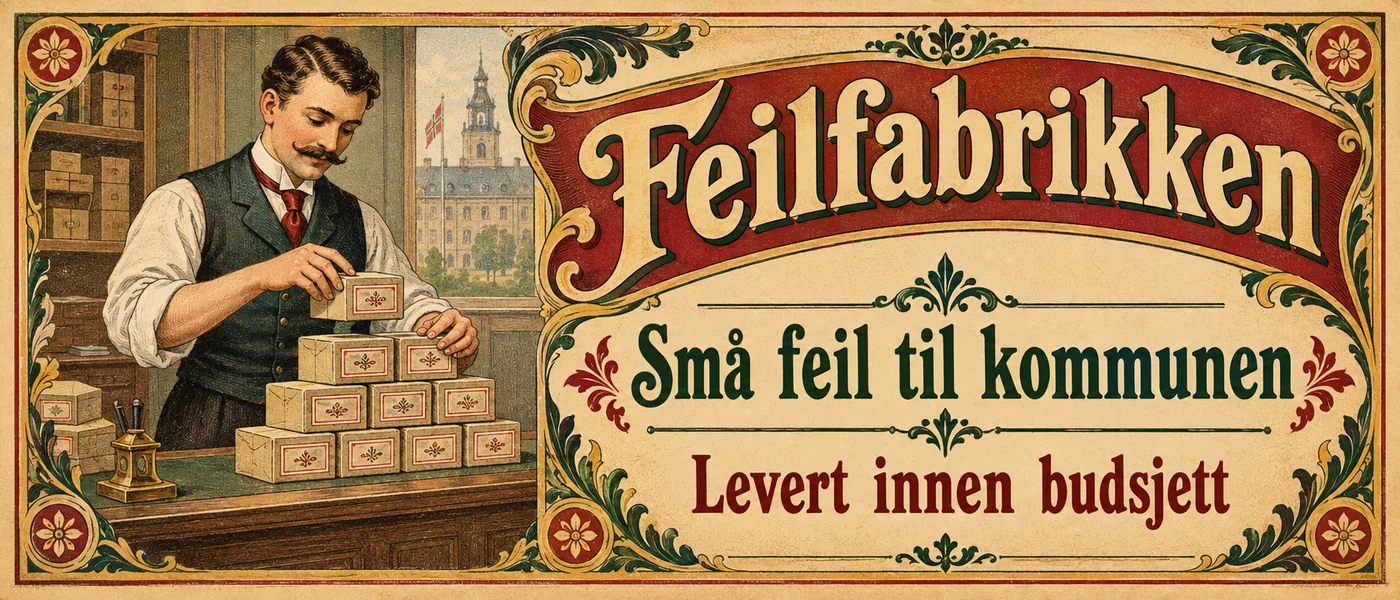 Bannerannonse: Feilfabrikken. Små feil til kommunen. Levert innen budsjett. Tegning av en ryddig kontorist i vest som stabler små, merkede esker med feil på en disk.