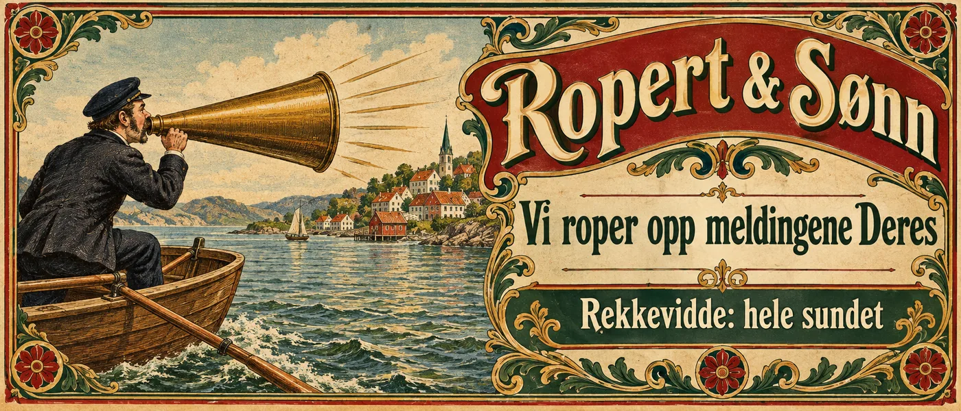 Bannerannonse: Ropert & Sønn. Vi roper opp meldingene Deres. Rekkevidde: hele sundet. Tegning av en mann med en diger messingmegafon som roper fra en robåt mot en liten kystby.