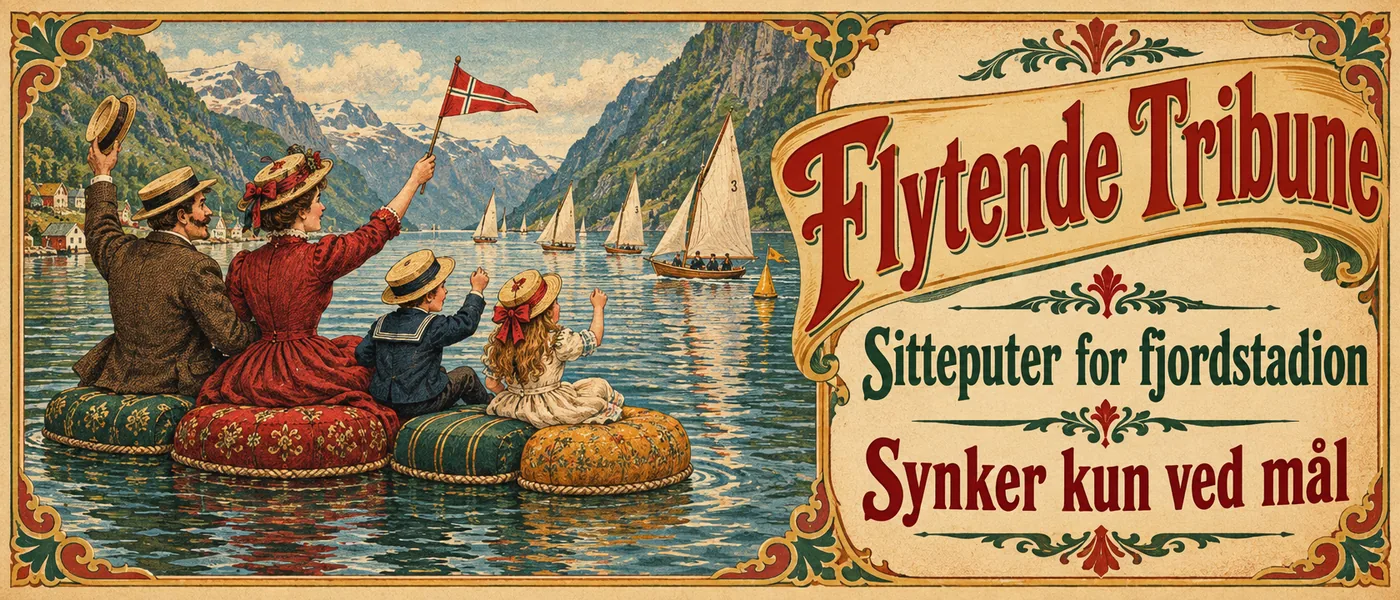 Bannerannonse: Flytende Tribune. Sitteputer for fjordstadion. Synker kun ved mål. Tegning av en familie på flytende sitteputer i en fjord som heier på små seilbåter.