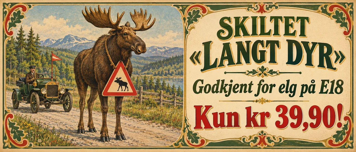 Bannerannonse: Skiltet «Langt Dyr». Godkjent for elg på E18. Kun kr 39,90! Tegning av en elg på en landevei med et stort varselskilt rundt halsen og en liten følgebil med flagg bak seg.