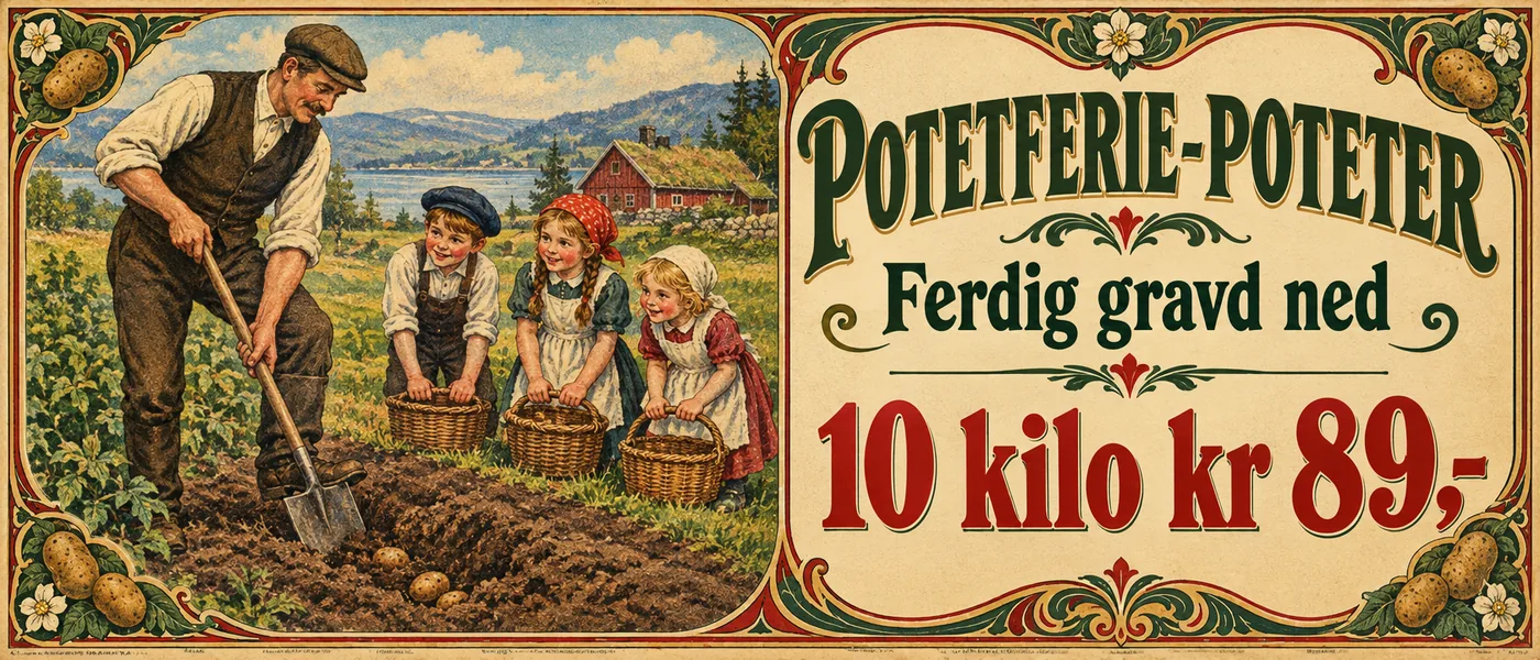 Bannerannonse: Potetferie-poteter. Ferdig gravd ned. 10 kilo kr 89,-. Tegning av en bonde som graver poteter ned i åkeren mens tre barn med kurver venter på å grave dem opp igjen.