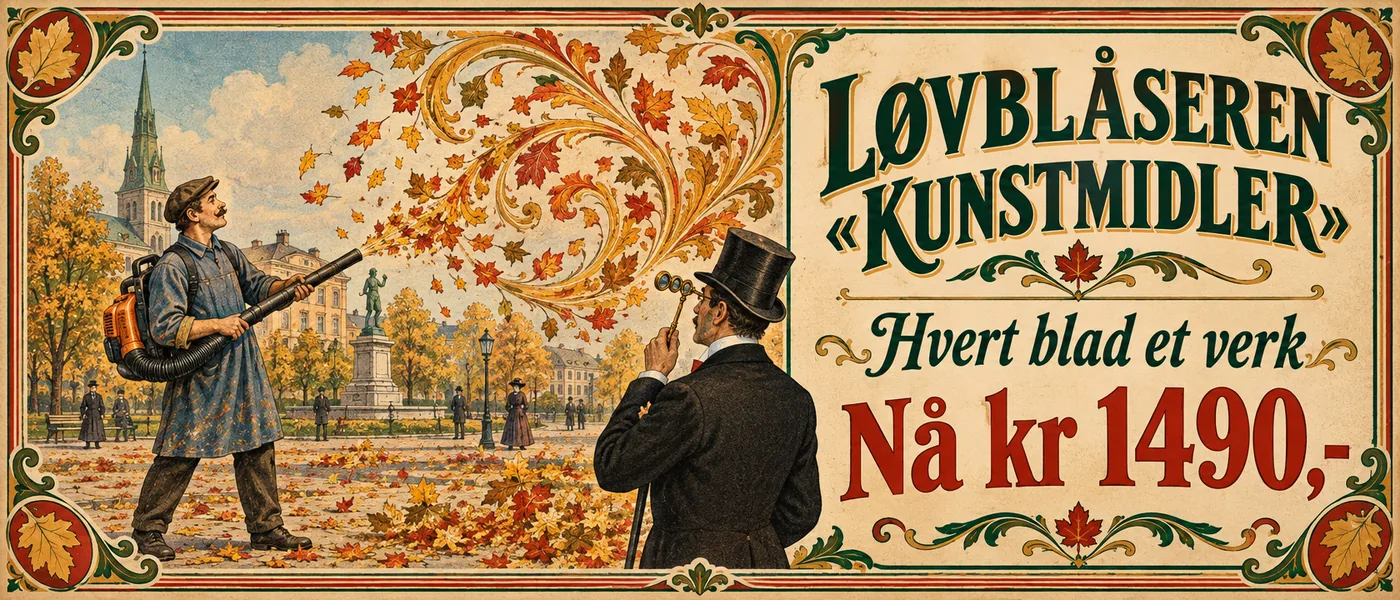 Bannerannonse: Løvblåseren «Kunstmidler». Hvert blad et verk. Nå kr 1490,-. Tegning av en parkarbeider som blåser høstløv i kunstferdige virvler, mens en herre i flosshatt beundrer det gjennom en lorgnett.