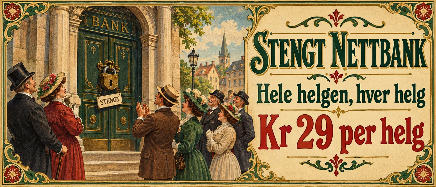 Bannerannonse: Stengt nettbank. Hele helgen, hver helg. Kr 29 per helg. Tegning av en bankdør med stor hengelås, beundret av fornøyde folk i søndagsklær, en av dem klapper.