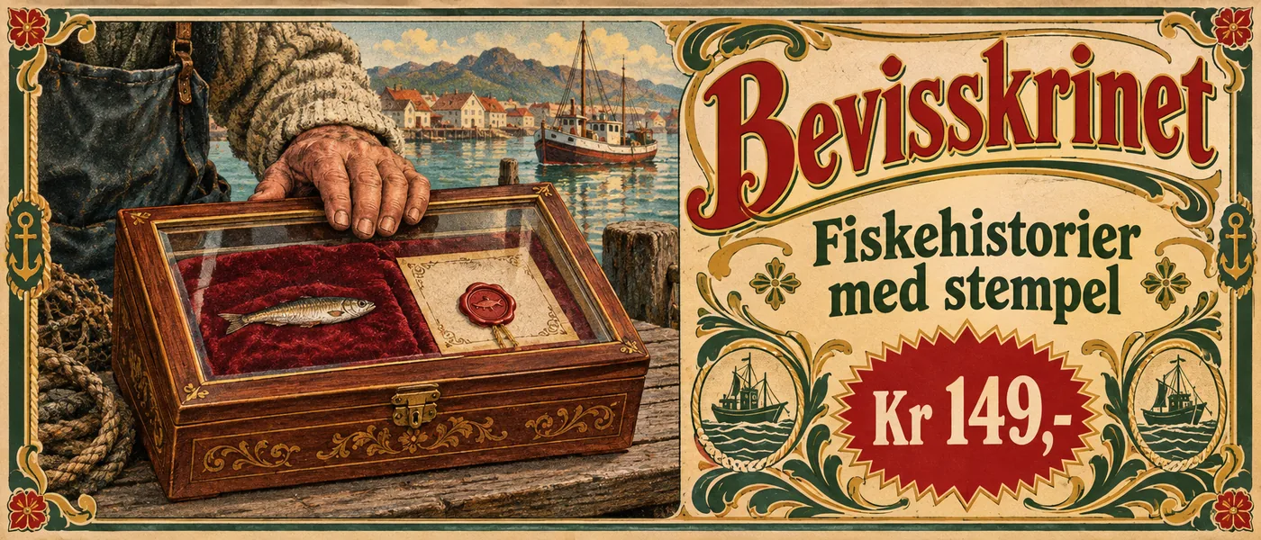 Bannerannonse: Bevisskrinet. Fiskehistorier med stempel. Kr 149,-. Tegning av et pyntet treskrin med glasslokk på en benk ved brygga, med en ganske liten fisk på fløyel og et lakkforseglet bevis.