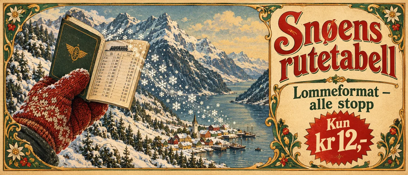 Bannerannonse: Snøens rutetabell. Lommeformat – alle stopp. Kun kr 12,-. Tegning av en liten rutetabell i en vottekledd hånd, der snøfnugg driver ut av sidene og ned dalen mot en liten kystby.