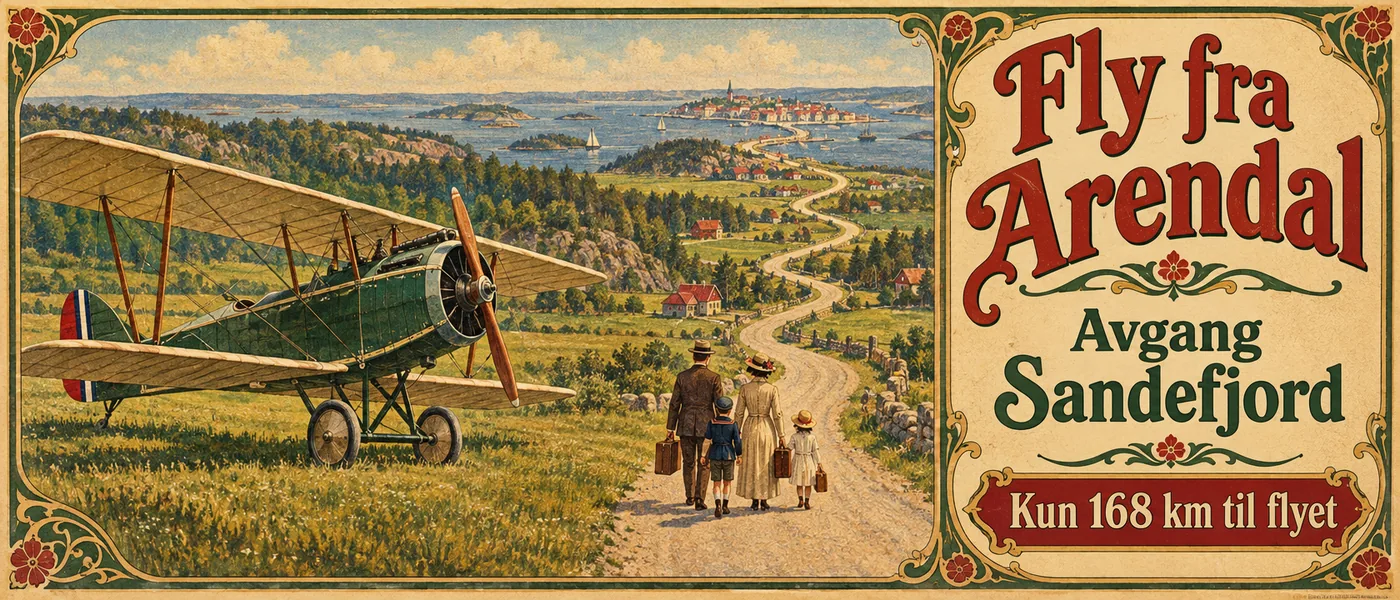 Bannerannonse: Fly fra Arendal. Avgang Sandefjord. Kun 168 km til flyet. Tegning av et elegant propellfly på en gressmark og en lang, svingete landevei til en liten havneby i horisonten, der en familie går med kofferter.