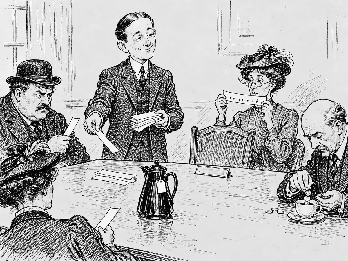 Desenho de um funcionário sorridente distribuindo tiras de papel em volta de uma mesa de reunião. Um homem carrancudo de chapéu-coco e uma mulher de óculos leem cada um a sua tira, uma cadeira está vazia diante de uma plaquinha em branco, e um homem careca põe moedas numa xícara de café ao lado de uma cafeteira com etiqueta de preço.