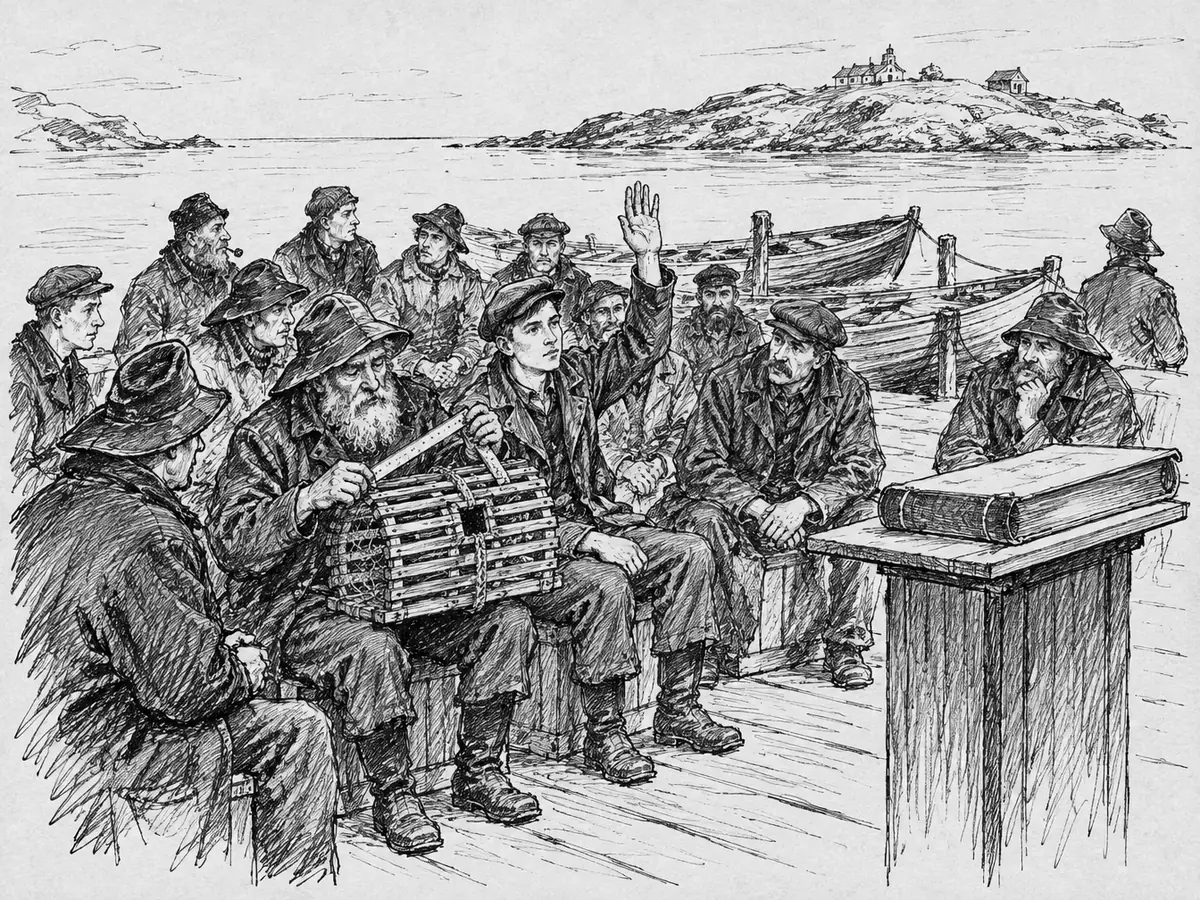 Tegning av fiskere i oljehyre som sitter på kasser på en brygge foran en talerstol med en tykk bok. En eldre fisker måler åpningen i en hummerteine med tommestokk, en yngre rekker opp hånda.