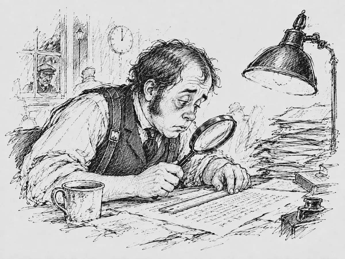Um homem cansado, de cabelo desgrenhado, costeletas e olheiras escuras, debruçado sobre uma escrivaninha examina uma folha com uma lupa, com uma régua ao longo da letra. Ao redor, uma luminária, uma xícara de café, um tinteiro e uma pilha de papéis. Pela janela ao fundo, um homem de boina espia.