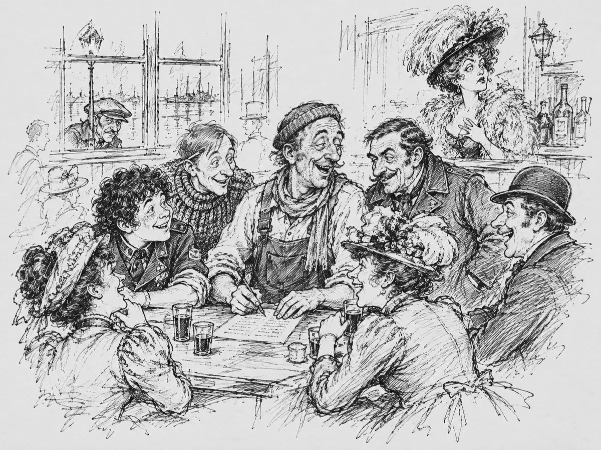 Um grupo de homens e mulheres sentados bem juntos em volta de uma mesa numa taverna antiga, rindo. Um homem de macacão e gorro de tricô escreve numa folha enquanto os outros se inclinam. Atrás do balcão, uma mulher de chapéu de plumas e boá põe a mão no peito e olha preocupada. Pela janela, um homem de boina espia para dentro.