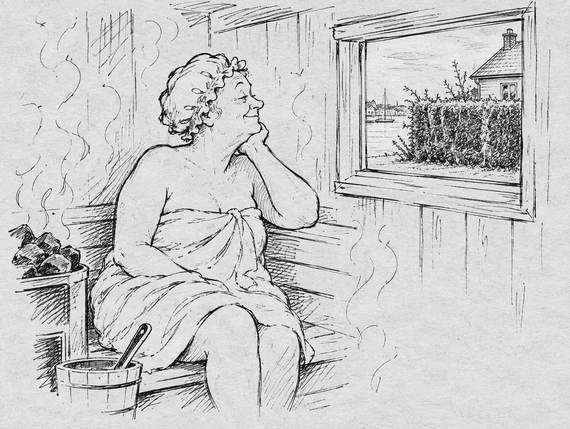 En fornøyd eldre dame i badehette sitter i en dampende badstue og ser ut på naboens uklipte hekk