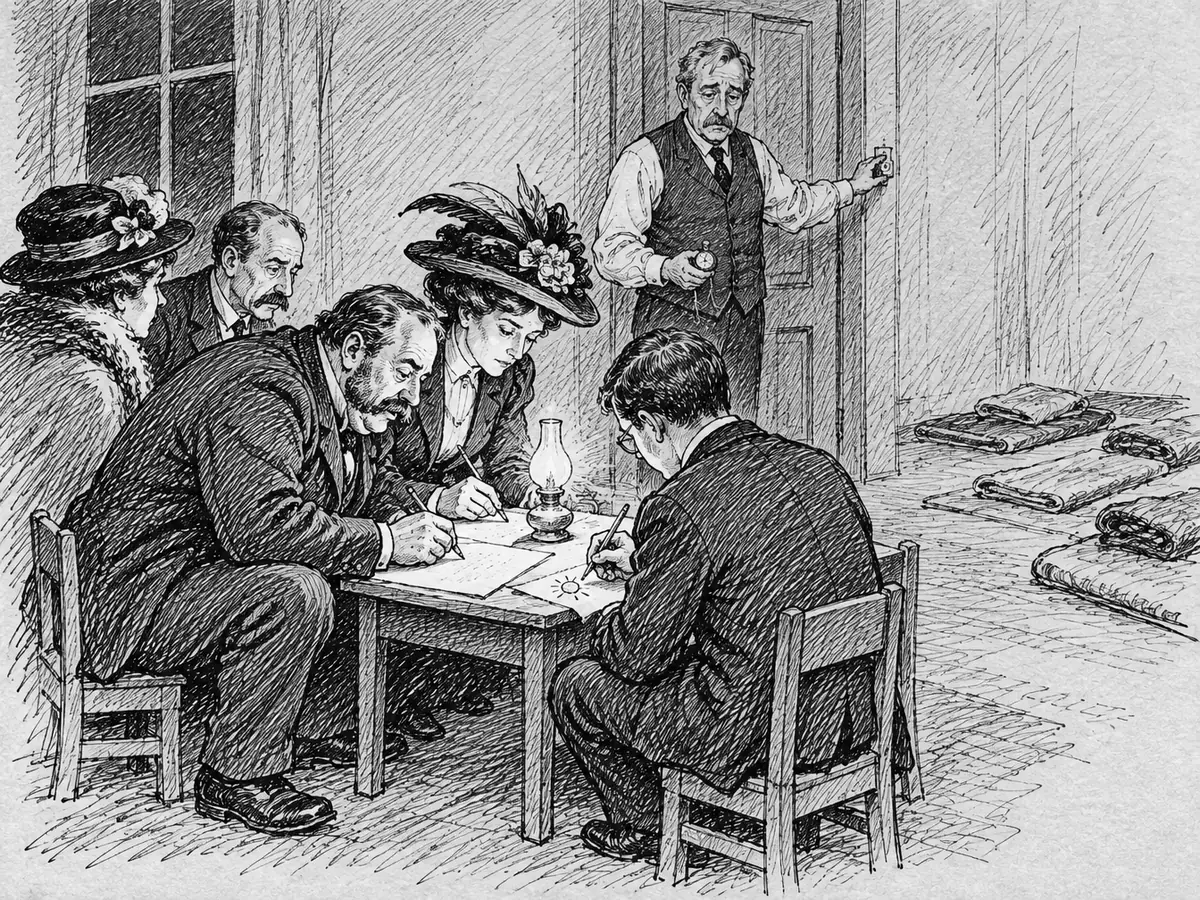 Desenho de adultos de terno e chapéus grandes sentados em cadeirinhas em volta de uma mesa baixa, assinando documentos à luz de uma pequena lamparina. Um rapaz desenha um solzinho na margem. Um mediador grisalho fica junto ao interruptor com um relógio de bolso, e ao longo da parede há colchonetes enrolados.