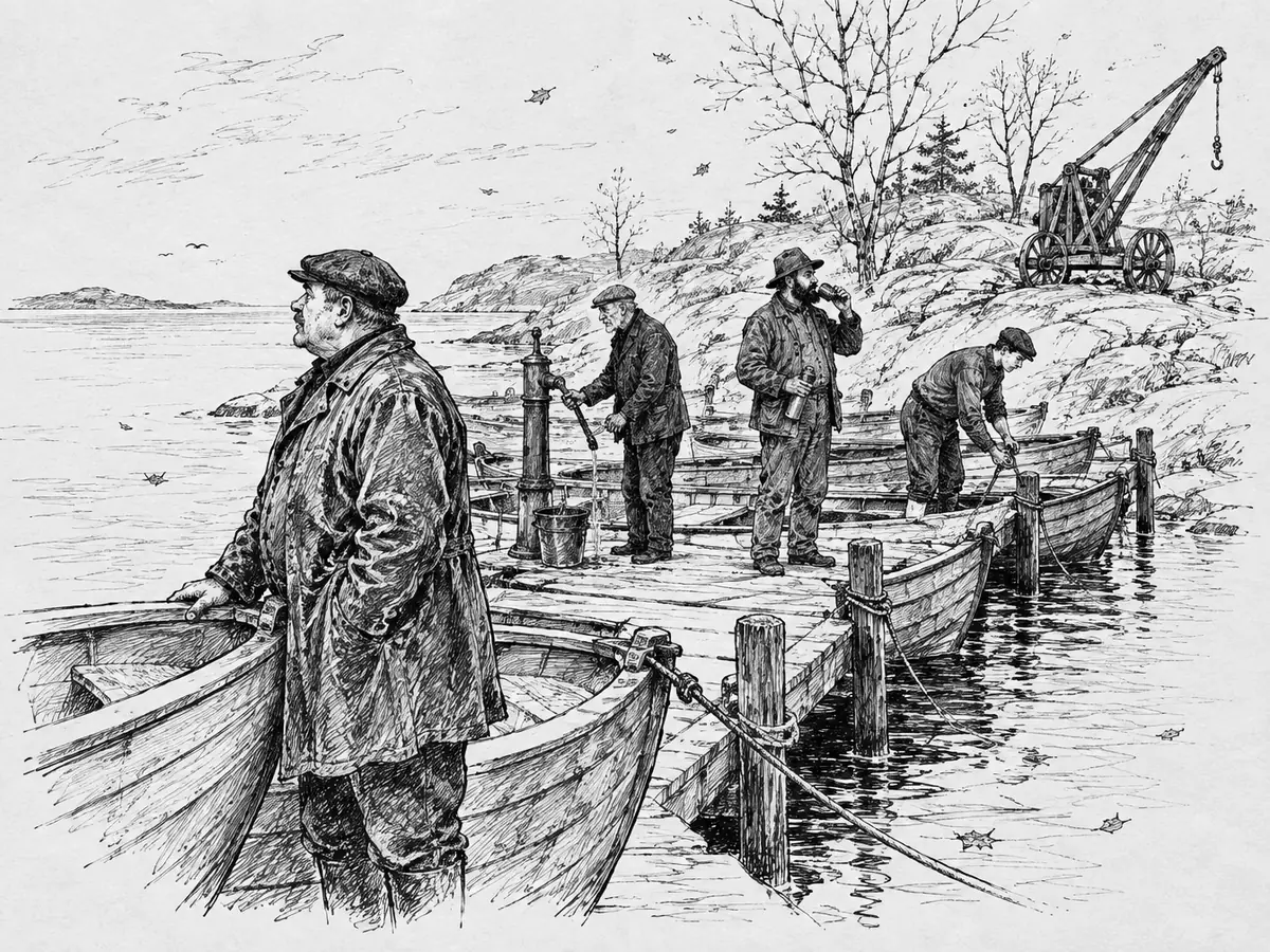 Tegning av en kraftig mann i oljehyre og sixpence som står med hånden på relingen til en robåt og ser utover sjøen. Bak ham på brygga pumper en gammel mann vann fra en håndpumpe, en skjeggete mann drikker av en termos og en ung mann strammer et fortøyningstau. Robåter ligger fortøyd langs brygga, og en hjulkran står ubrukt på berget.