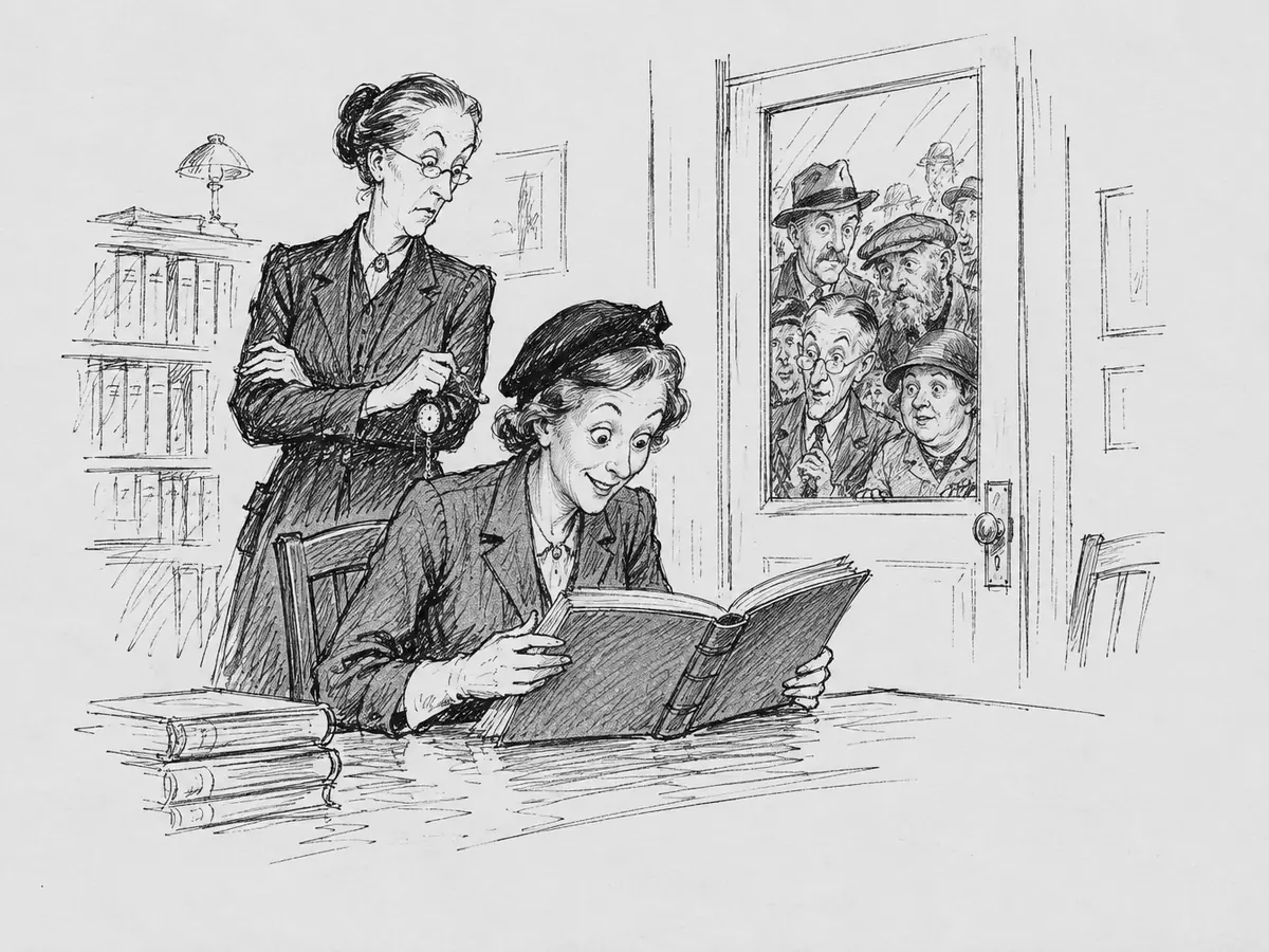 Desenho de uma mulher de boina e luvas brancas lendo encantada um livro grosso encadernado numa mesa, enquanto uma bibliotecária severa de óculos fica atrás dela de braços cruzados, com um relógio de bolso. Pelo vidro da porta, cinco ou seis rostos curiosos se espremem para olhar.
