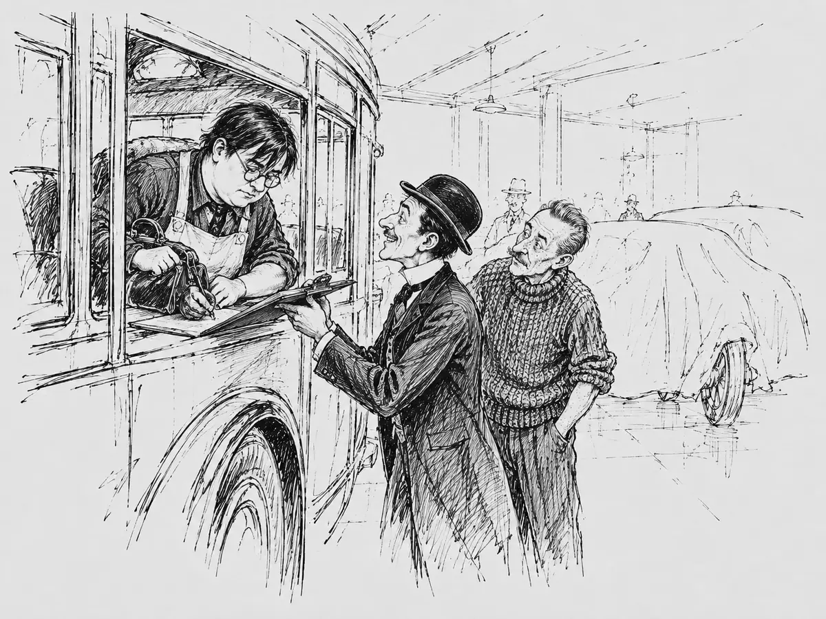 Tegning av en passasjer med runde briller og forkle som lener seg ut av bussvinduet med reisevesken under armen og signerer et skjema på en skriveplate. Skriveplata holdes av en ivrig selger i bowlerhatt og frakk. Bak ham står en mann i strikket genser og ser på, og i bakgrunnen står en bil under en presenning.