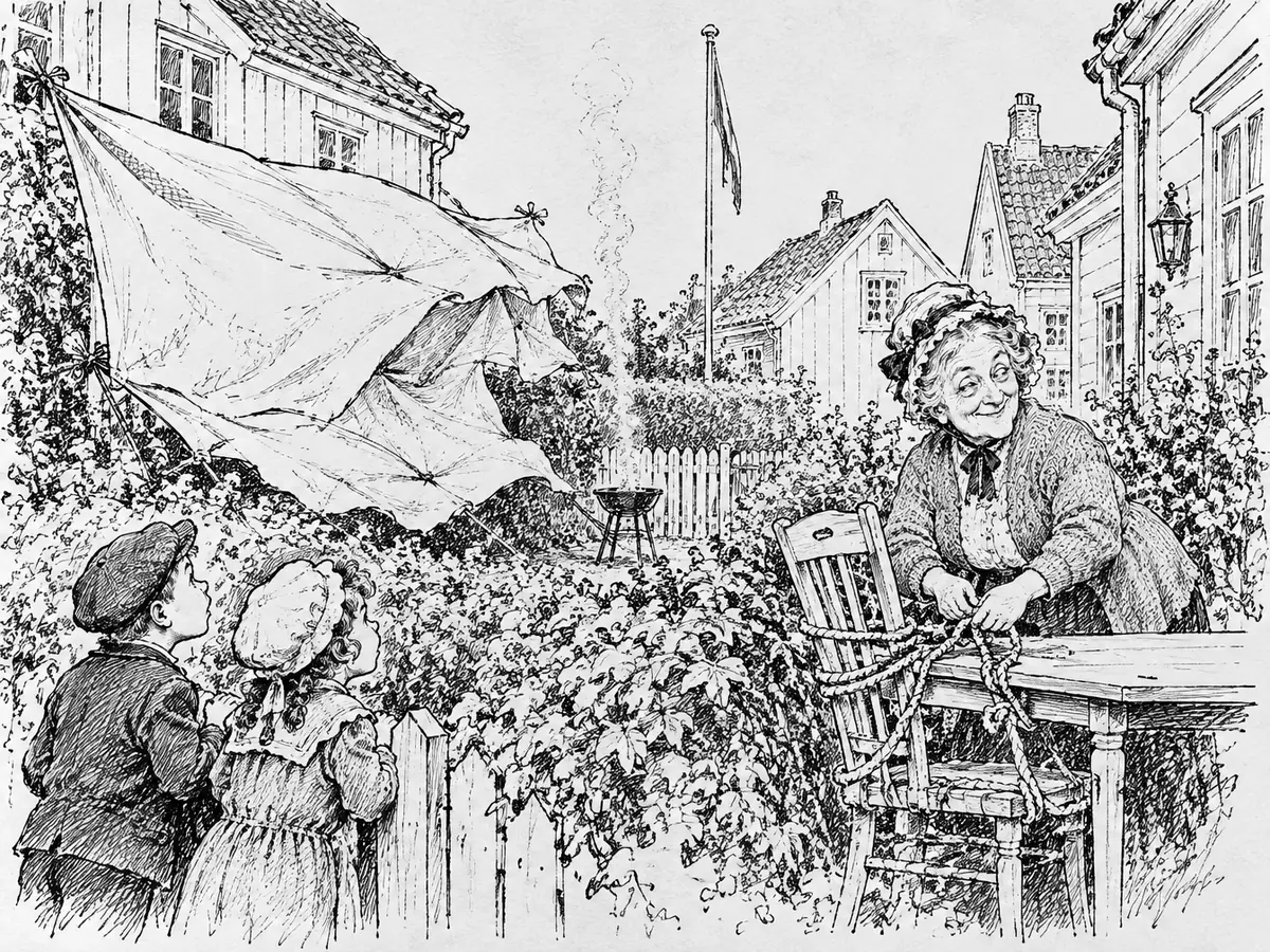 Desenho de uma rua tranquila com casinhas brancas de madeira. Uma lona presa a uma cerca viva balança com força, enquanto a fumaça de uma churrasqueira sobe reta e uma bandeira pende quase parada. Uma senhora idosa amarra uma cadeira de jardim com muita corda, e duas crianças pequenas olham para a lona.