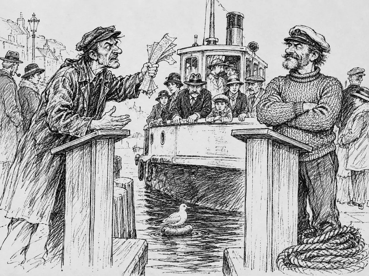 Tegning av to menn ved hver sin talerstol på en kai; den ene vifter sint med papirer, den andre står rolig med armene i kors. Bak dem ligger en ferje full av passasjerer et stykke fra kaikanten, og i vannet mellom sitter en måke på en pølse.