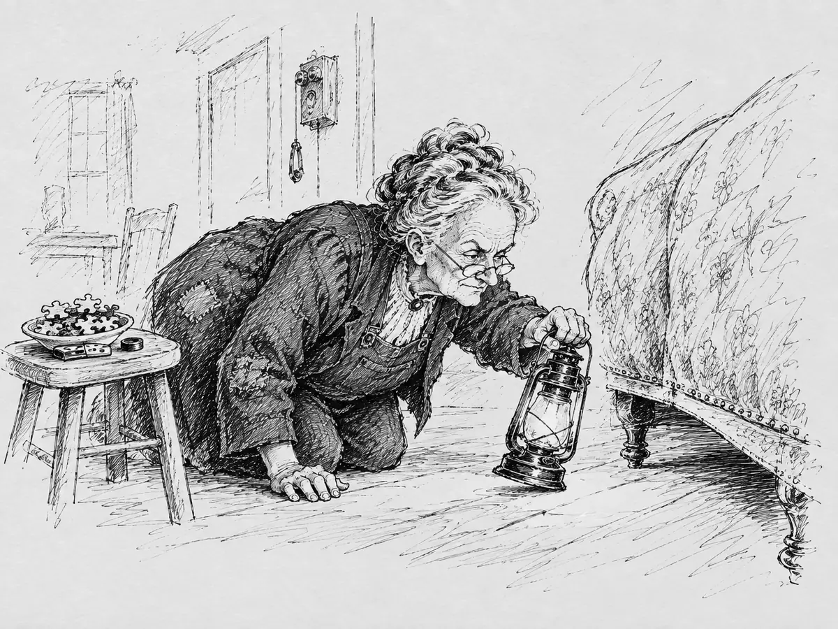 Tegning av den samme eldre kvinnen på alle fire på gulvet i grendehuset, med lykta holdt inn under en gammel blomstret sofa. På en krakk bak henne står en skål med feil puslebiter og en dominobrikke. En veggtelefon henger ved døra.