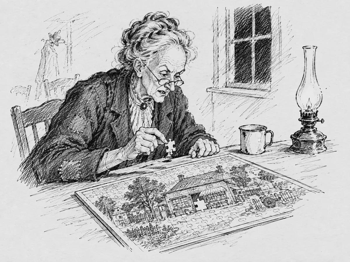 Tegning av en eldre kvinne med briller og lappet jakke som sitter alene ved et bord om natta, med en parafinlampe og et blikkkrus. Foran henne ligger et ferdig puslespill av en landhandel med ett hull der døra skulle vært. Hun holder en løs bit som ikke passer.