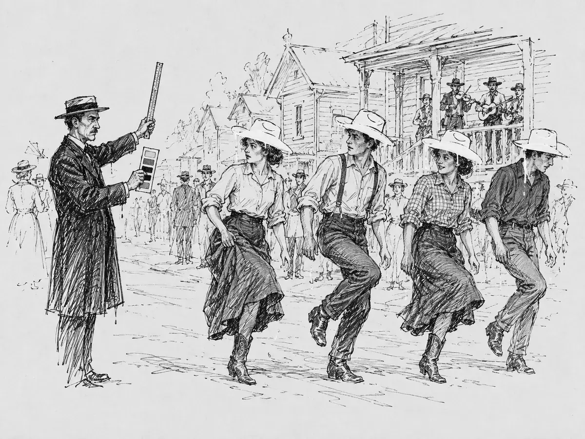 Tegning av en streng mann med tommestokk og fargeprøve som stanser en lang rekke unge linedansere i hvitmalte, dryppende cowboyhatter i en gate med trehus, mens et lite band ser på fra en veranda.