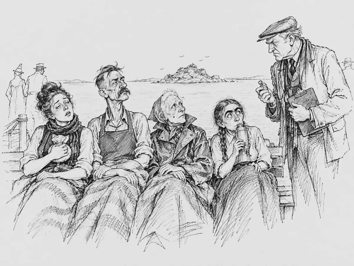 Fire representanter i tepper på en benk ved sjøen: en ung kvinne med ispose mot brystet, en mann med bart og forkle, en eldre kvinne i oljehyre og skaut, og en kvinne med fletter som drikker av en termos. En sur eldre mann med sikspens, stoppeklokke og skriveplate står over dem. Bak dem ligger en liten, bar holme.