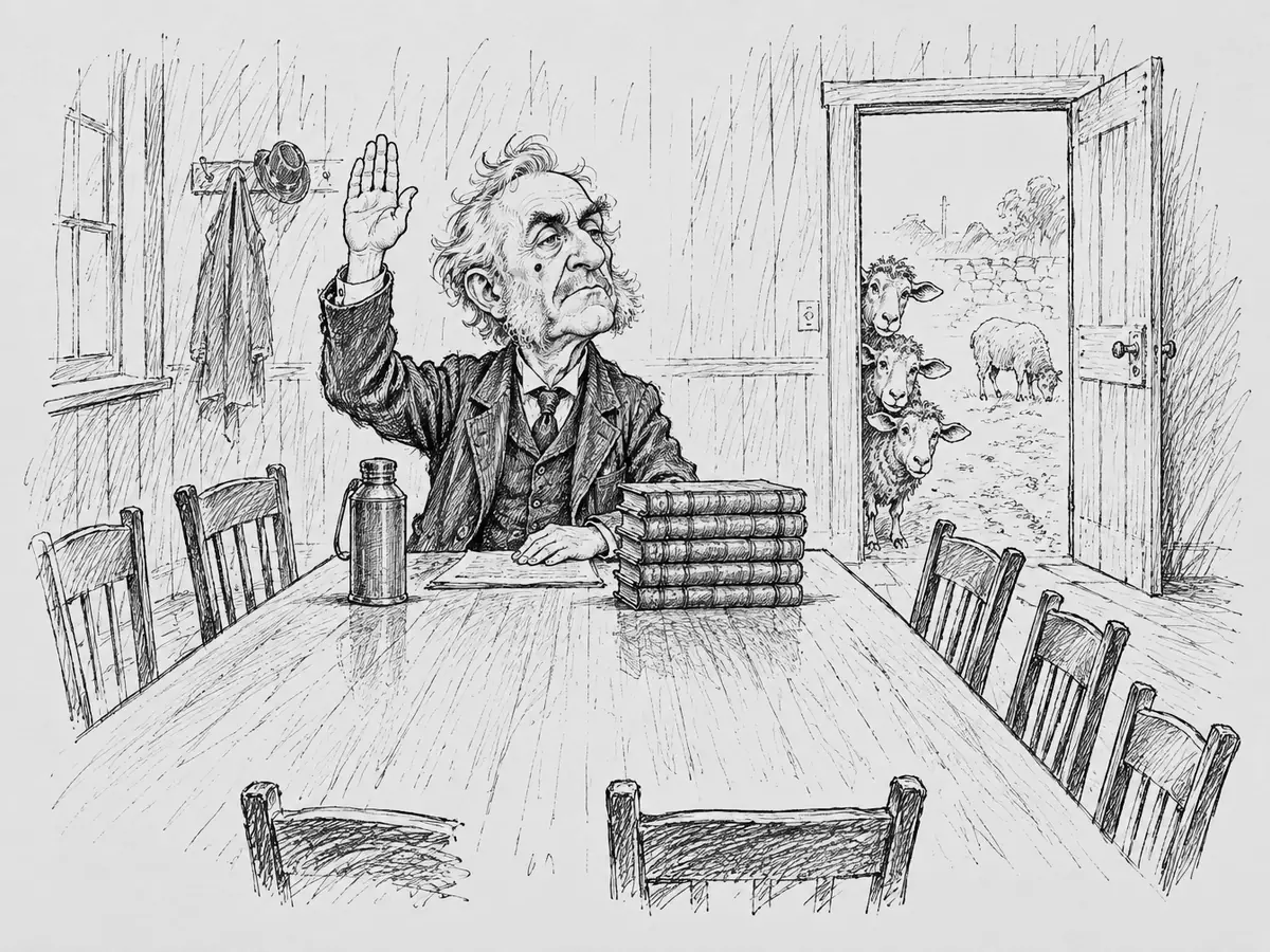Um homem de cabelo branco, de terno, sentado sozinho na ponta de uma mesa comprida num salão comunitário vazio, levanta a mão. À frente dele há uma garrafa térmica e uma pilha de livros de atas. Três ovelhas espiam pela porta, e uma quarta pasta lá fora.