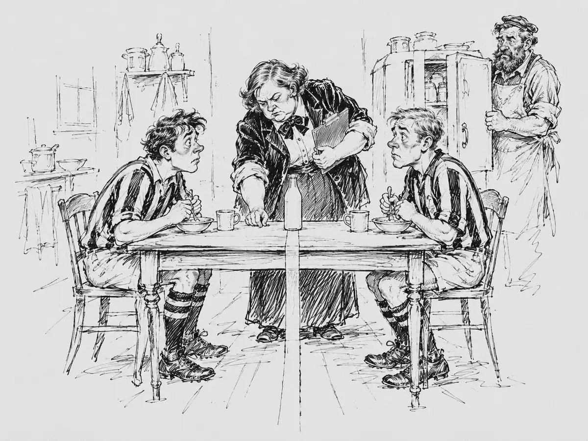 Desenho de uma cozinha pequena onde uma linha atravessa o chão, a mesa e o armário pelo meio. Dois jovens jogadores de futebol de camisa listrada tomam café da manhã, cada um do seu lado, olhando nervosos um para o outro, com uma garrafa de leite sobre a linha entre eles. Uma mulher de gravata-borboleta e prancheta aponta para a linha, e um homem barbudo de avental observa do armário.