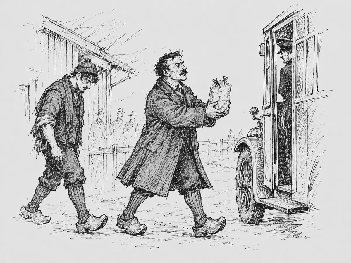Tegning av materialforvalteren med bart og lang frakk som bærer en papirpose forsiktig foran seg mot en gammel buss der sjåføren venter i døra, med en ung spiller i strikkelue som går med bøyd hode bak ham.