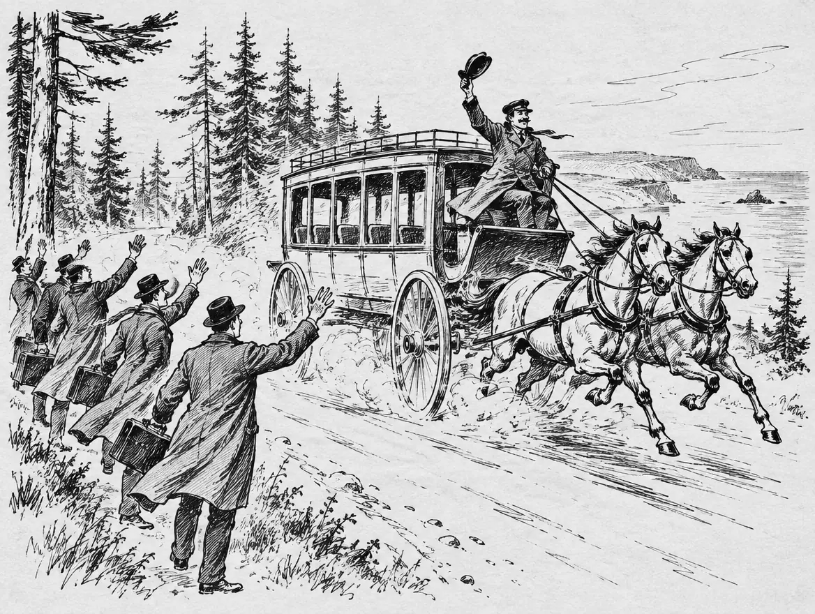 En tom hestedrosje i full galopp forbi en rekke pendlere med vesker som rekker opp hånda