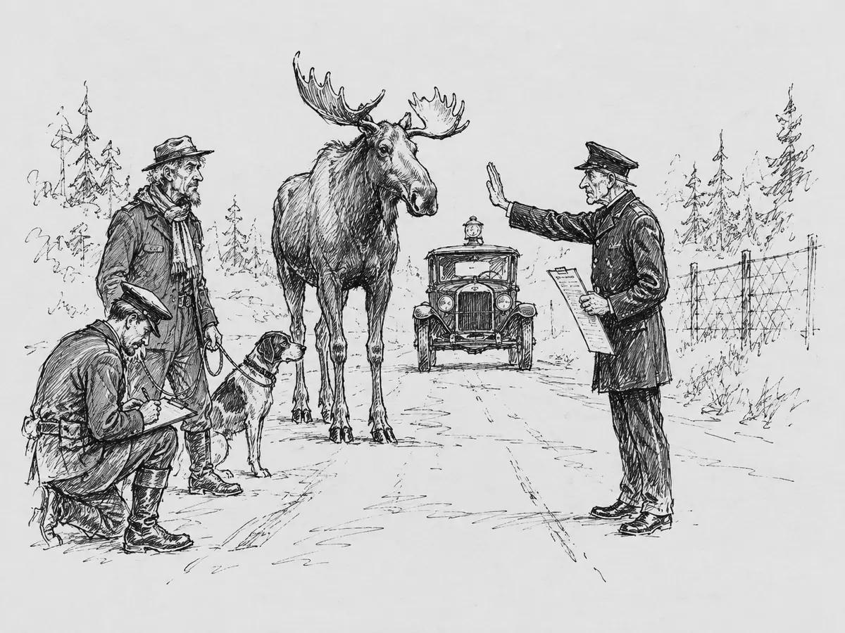 Tegning av en elg som står rolig midt i en vei. En trafikkfunksjonær i uniform holder opp hånden og har et skjema i den andre. Til venstre står en viltvokter med skjerf og hund i bånd, mens en annen kneler og fyller ut et skjema. Bak elgen venter en gammel bil med lykt på taket, og langs veien går et viltgjerde.
