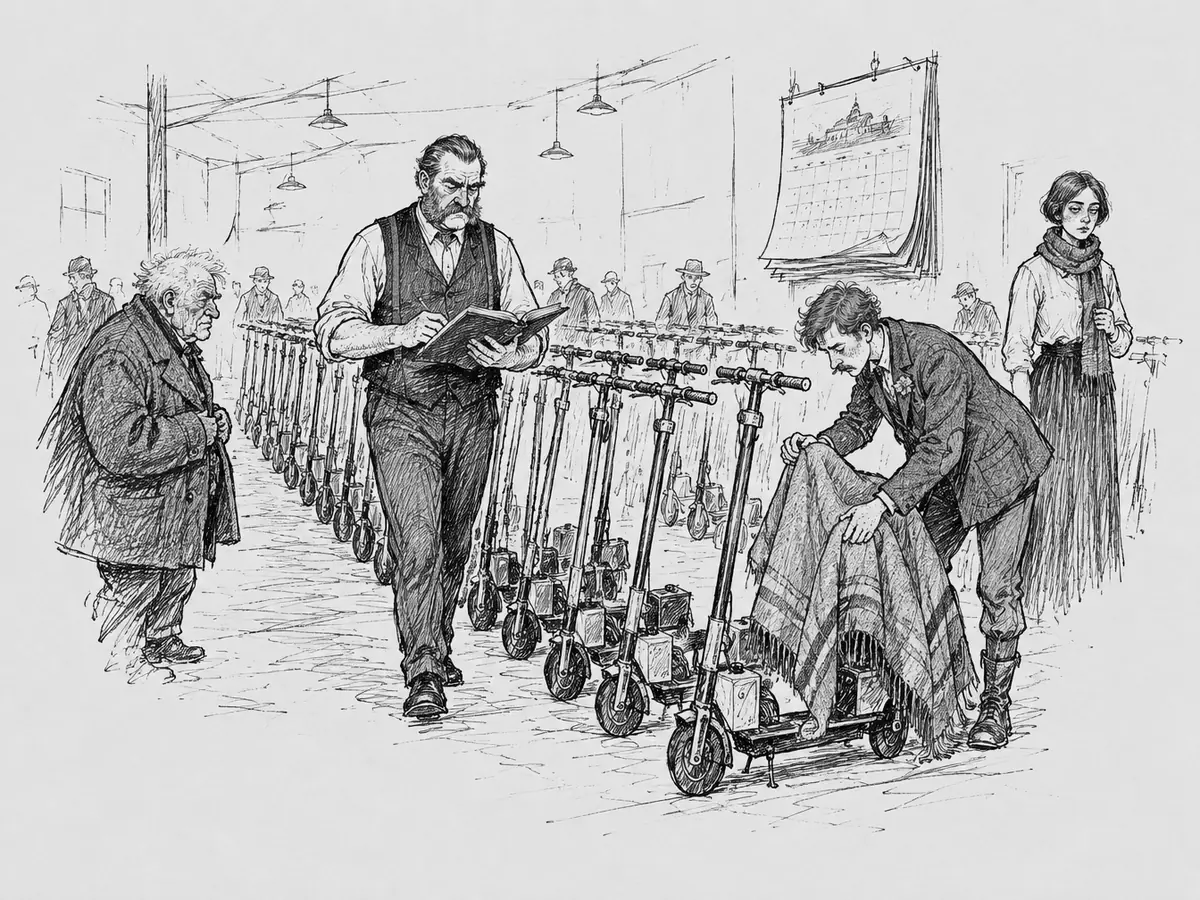 Desenho de um galpão com longas fileiras de patinetes elétricos estacionados. Um homem robusto de colete anda ao longo da fila anotando num livro de registro, um rapaz cobre um dos patinetes com um cobertor de lã, enquanto um senhor de casaco grande demais e uma jovem de cachecol observam.