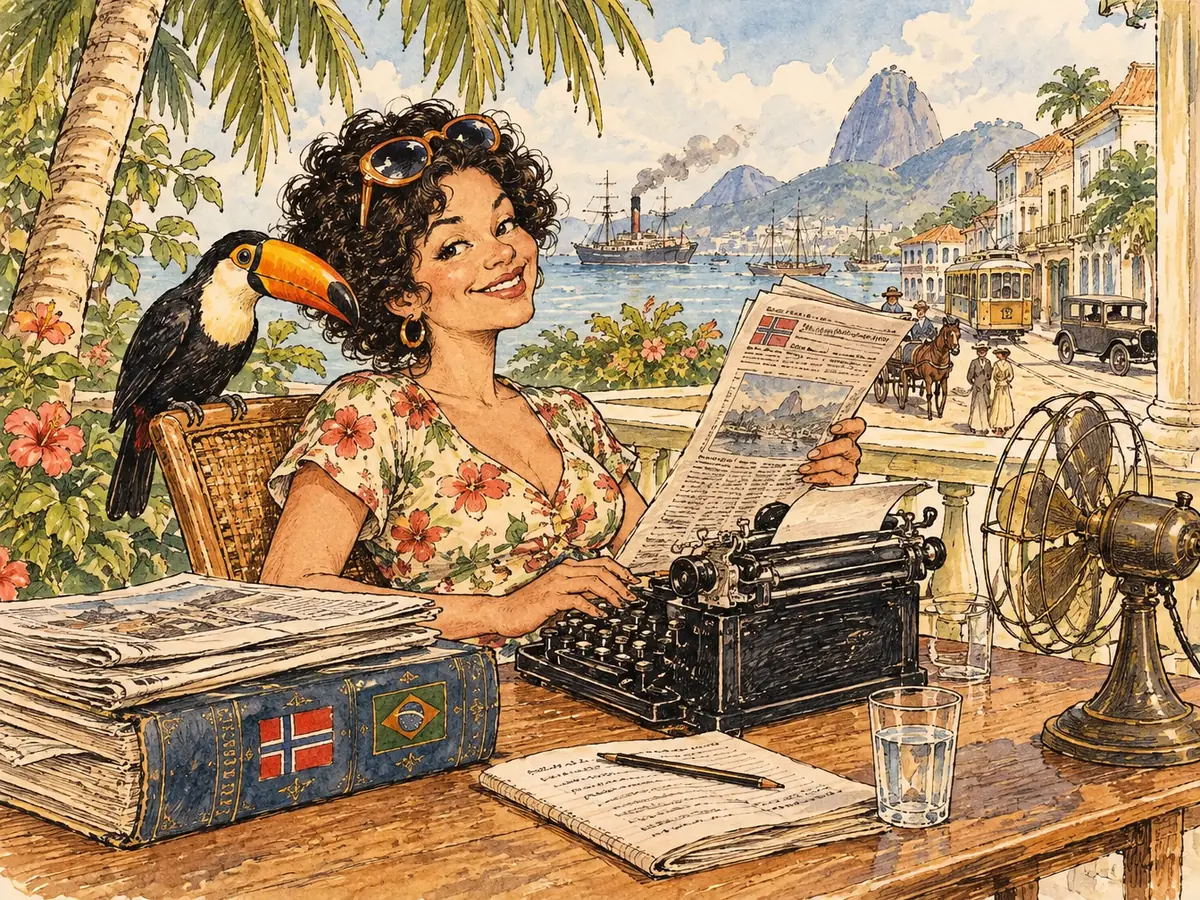 Aquarela de uma mulher sorridente diante de uma máquina de escrever numa varanda, com um dicionário grosso, um ventilador e um tucano no encosto da cadeira.