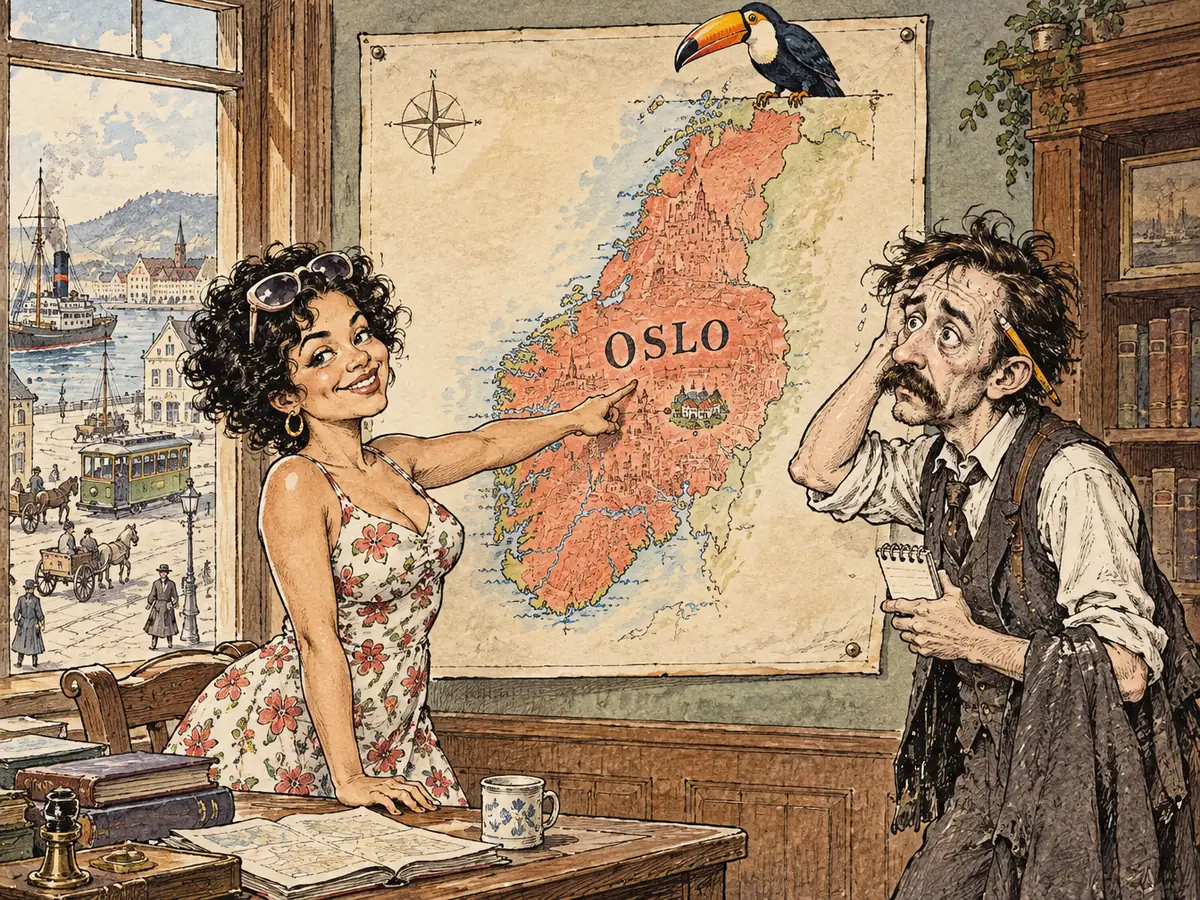 Aquarela de uma mulher apontando com orgulho para um mapa da Noruega desenhado à mão em que Oslo ocupa quase o país inteiro, enquanto um repórter suado com um bloco de notas olha para ele sem palavras.