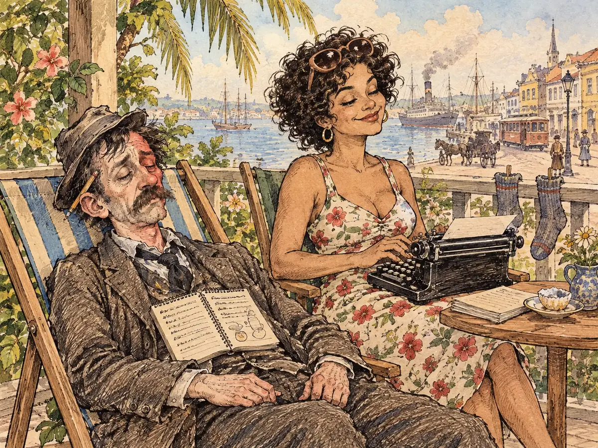 Aquarela de um repórter dormindo numa espreguiçadeira, queimado de sol só de um lado do rosto, enquanto a mulher ao lado traduz o bloco de notas dele na máquina de escrever. Meias de lã secam no parapeito.