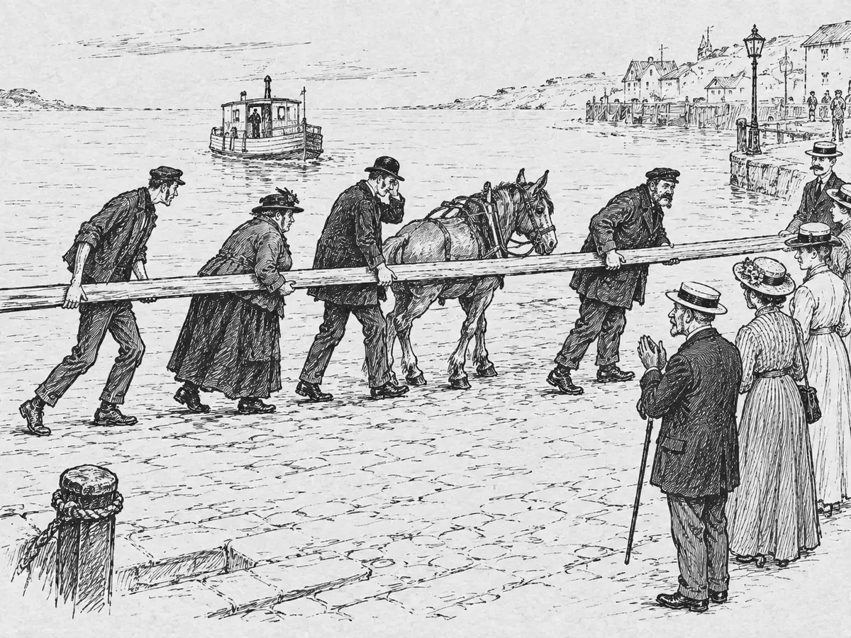 Desenho de quatro pessoas, entre elas uma mulher e um homem de chapéu-coco, carregando uma tábua compridíssima por uma rua do porto, com um cavalo no meio. Um senhor idoso aplaude, e uma pequena balsa está lá fora na água.