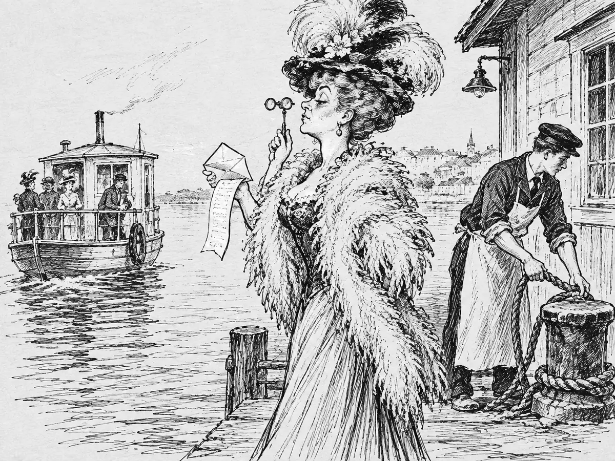 Desenho de Madam Nattestad com um grande chapéu de plumas, estola de plumas e lornhão num píer, segurando um envelope aberto e uma conta comprida. Um jovem garçom de avental solta uma amarra, e a balsa com passageiros se afasta do píer.