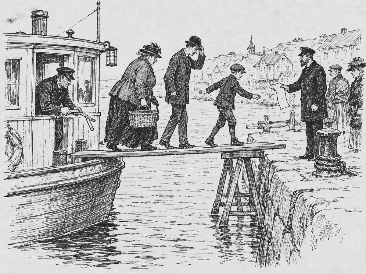 Desenho de uma pequena balsa parada a certa distância de um cais de pedra. Passageiros desembarcam numa prancha apoiada num cavalete dentro da água. Um homem na cabine mede com uma trena, e um funcionário do porto no cais estende uma folha de papel.