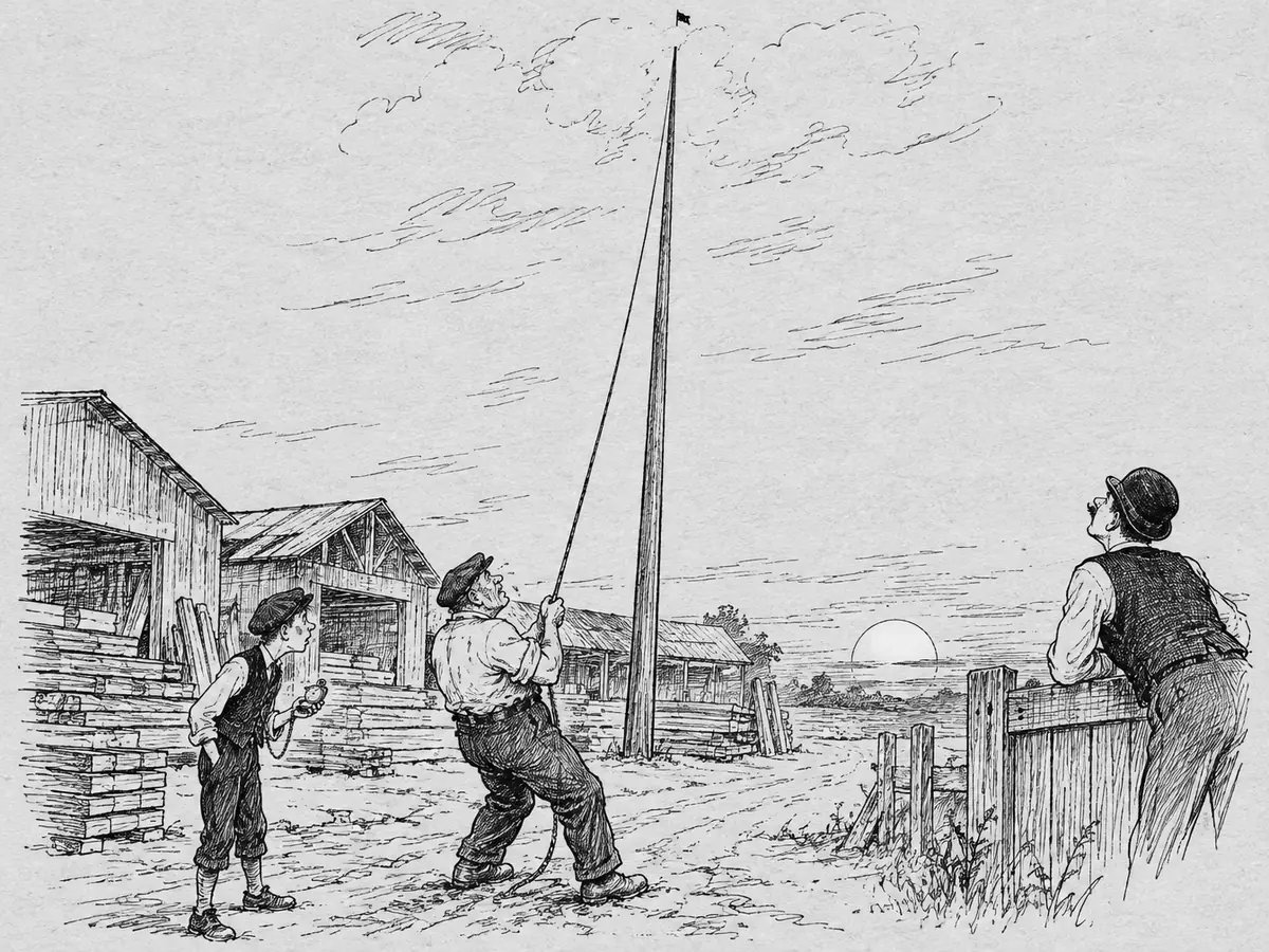 Tegning av en svært høy, tynn flaggstang ved et sagbruk med trelast og skur. En kraftig formann i skjorte drar i snora, en ung lærling med lommeur står ved siden av, sola går ned i bakgrunnen, og en mann i vest og bowlerhatt lener seg over gjerdet og ser opp. Øverst på stanga sitter noe lite og mørkt.