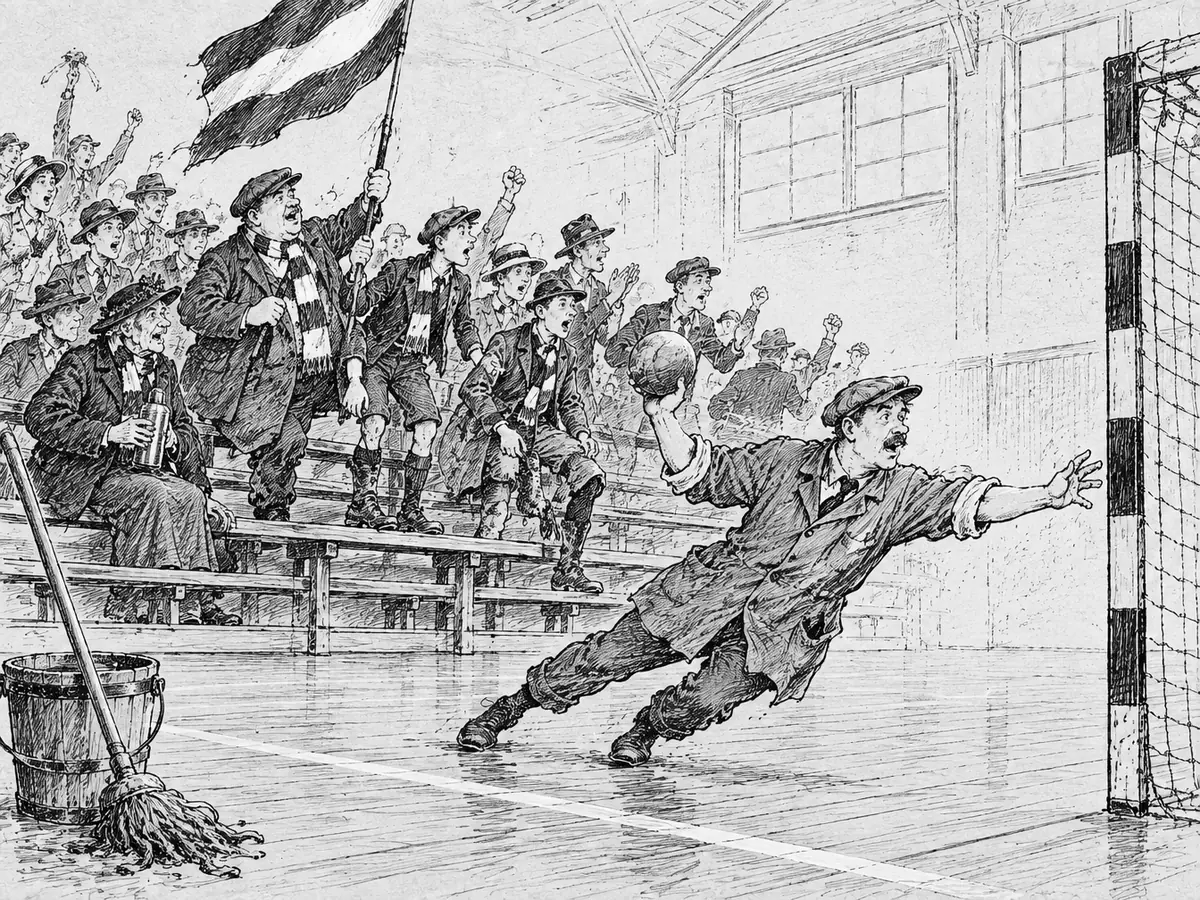 En vaktmester i arbeidsfrakk og sixpence kaster seg mot et tomt håndballmål med ballen i hånda, mens supportere med skjerf, termos og flagg jubler fra benkene. En mopp og en bøtte står ved sidelinjen.