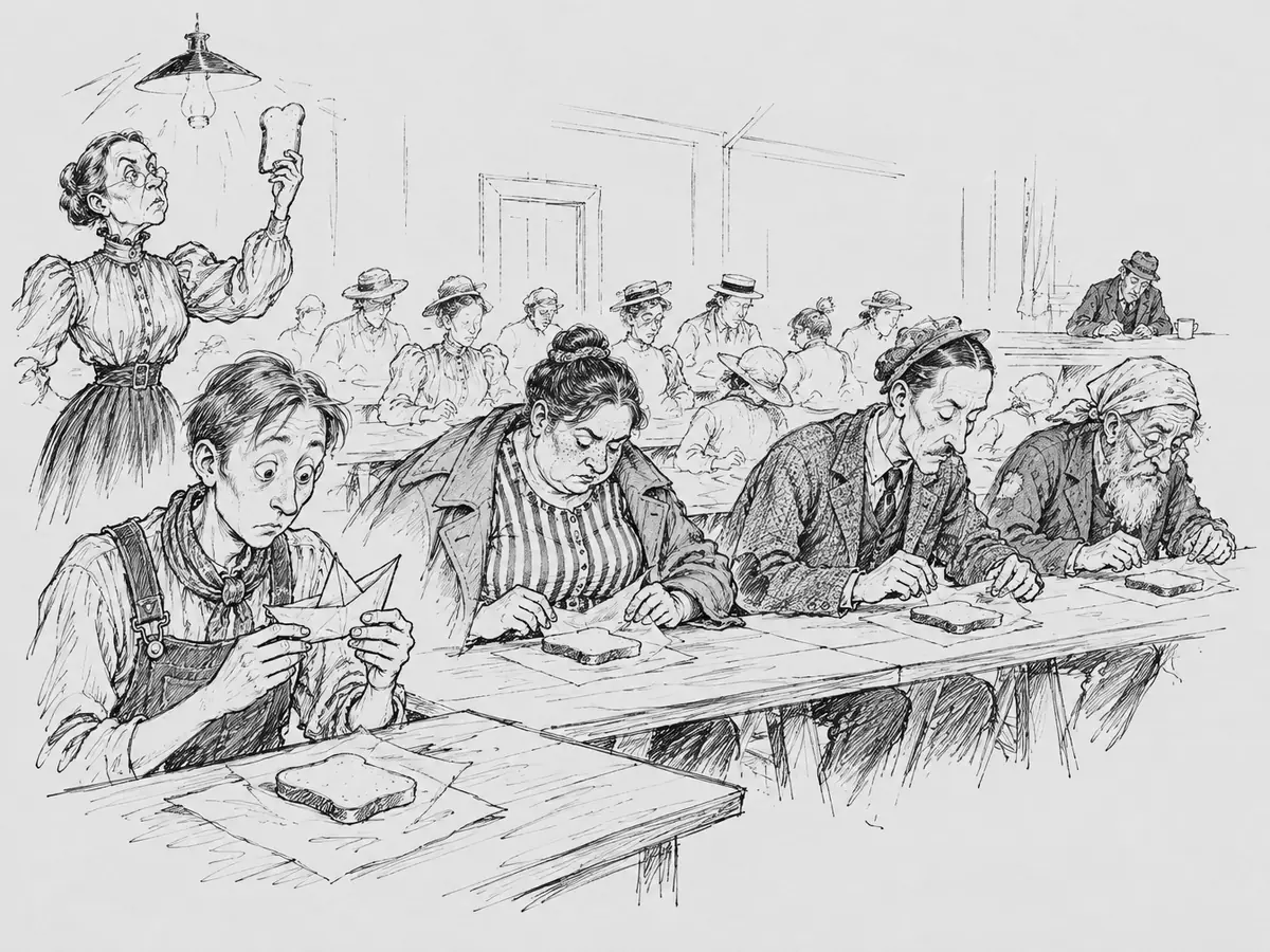 Um salão comunitário com mesas compridas onde adultos se debruçam cada um sobre uma fatia de pão em papel de embrulhar. À esquerda, uma senhora severa de óculos ergue uma fatia de pão contra a luminária. Na frente, um rapaz de macacão, de olhos arregalados, olha para um barquinho de papel que dobrou. Lá no fundo do salão, um homem está sentado sozinho com um bloquinho e uma xícara de café.