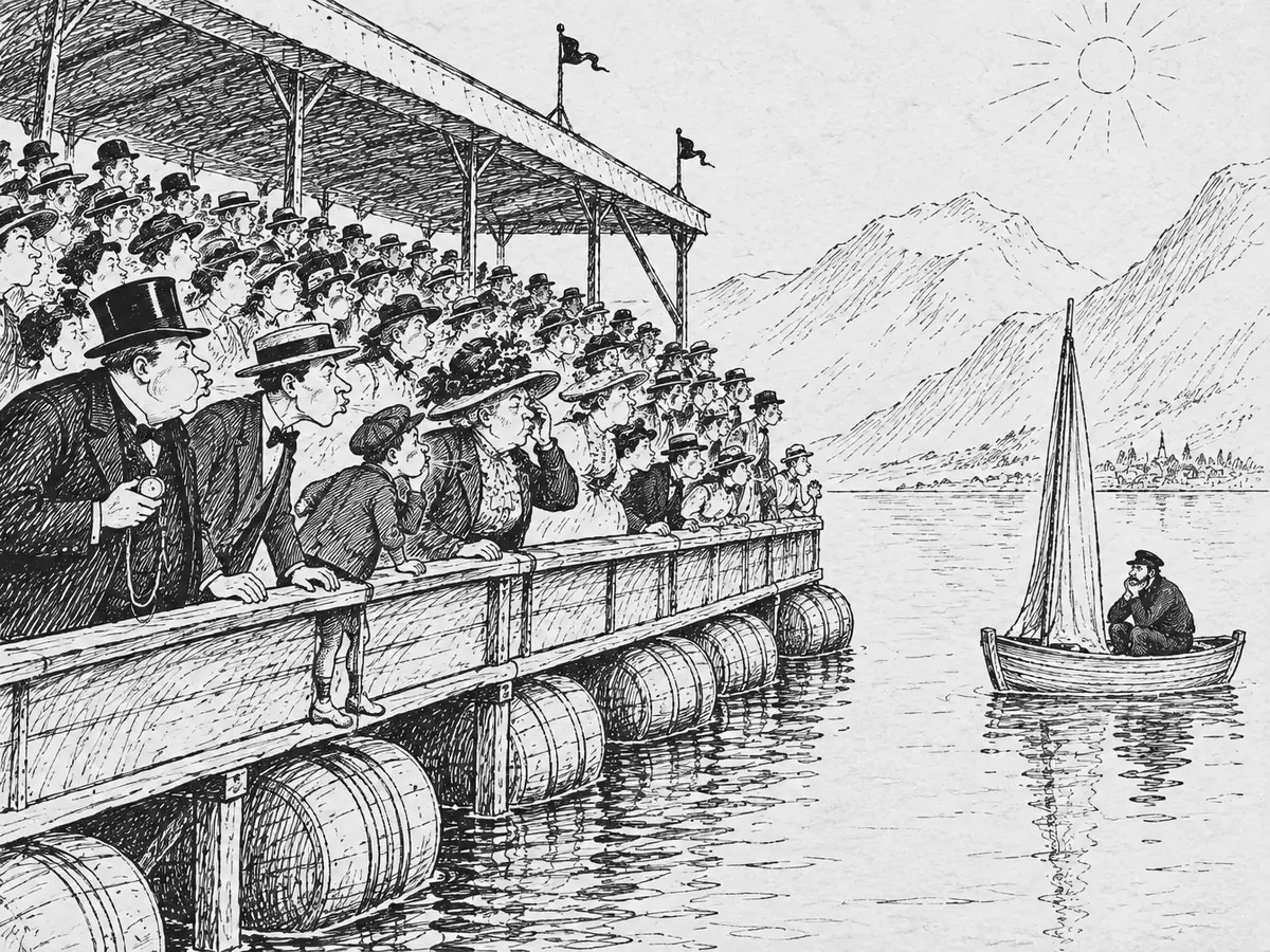 Desenho de uma arquibancada de madeira coberta, lotada, flutuando sobre barris. O público de chapéu se debruça sobre o parapeito e sopra na direção de um veleirinho de vela murcha na água parada, onde um velejador está sentado com a mão no queixo.